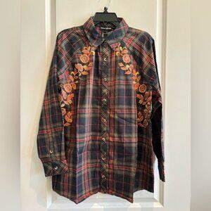 Embroidered Plaid Button-Up Shirt • floral embroidery • NEW